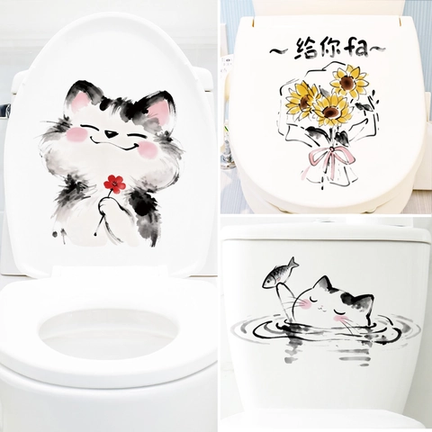 Cute Ink Style Animal Toilet Lid Stickers Waterproof PVC Cat Sunflower Wall Decals For Bathroom Home Mirror Cabinet Decor