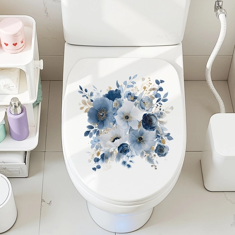 Aquarel Blauwe Bloem Toiletdeksel Sticker Waterdicht Verwijderbaar PVC Badkamer Muurkunst Decoratie Voor Huis Badkamer Accessoire