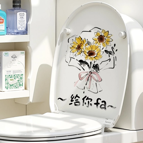 Cute Ink Style Animal Toilet Lid Stickers Waterproof PVC Cat Sunflower Wall Decals For Bathroom Home Mirror Cabinet Decor