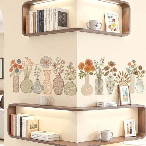 Böhmische Vase Und Blumen Wandtattoos Morandi Farben PVC Wasserdicht Abnehmbare Florale Wandsticker Für Wohnzimmer Schlafzimmer Deko