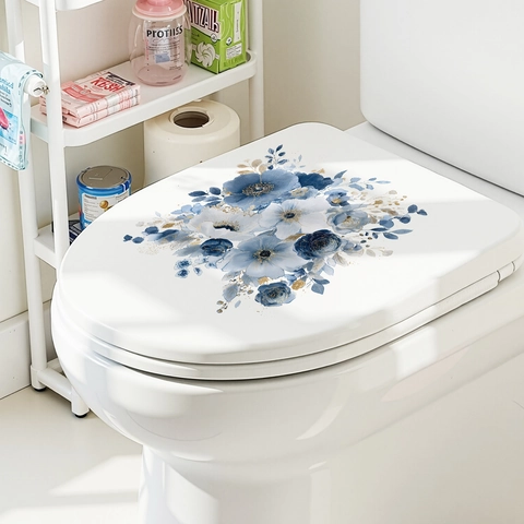 Aquarel Blauwe Bloem Toiletdeksel Sticker Waterdicht Verwijderbaar PVC Badkamer Muurkunst Decoratie Voor Huis Badkamer Accessoire