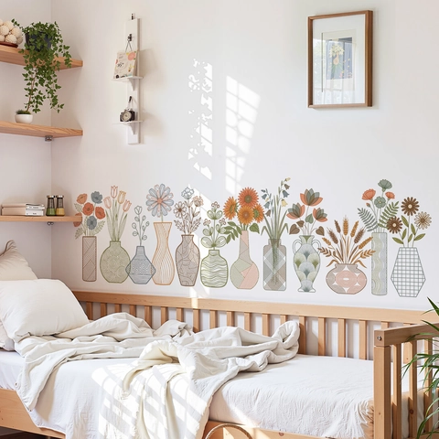 Böhmische Vase Und Blumen Wandtattoos Morandi Farben PVC Wasserdicht Abnehmbare Florale Wandsticker Für Wohnzimmer Schlafzimmer Deko