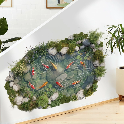 3D Visueel Effect Koivijver Muursticker Waterdicht Verwijderbaar PVC Vijver Muurschildering Voor Badkamer Woonkamer Huis Decoratie