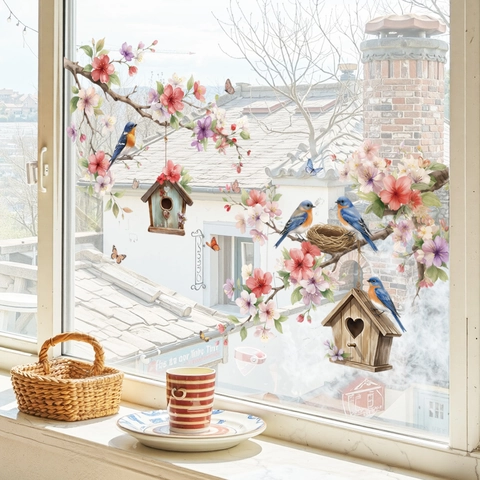 Blume Vogel Baum Zweig Fensteraufkleber PVC Statische Haftung Selbstklebend Aquarell Floral Wandtattoo Für Glas Bad Deko