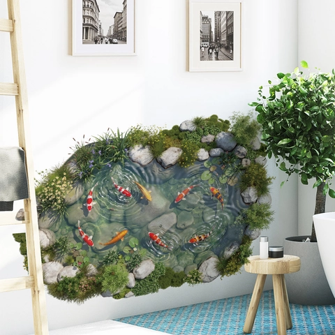 3D Visueel Effect Koivijver Muursticker Waterdicht Verwijderbaar PVC Vijver Muurschildering Voor Badkamer Woonkamer Huis Decoratie