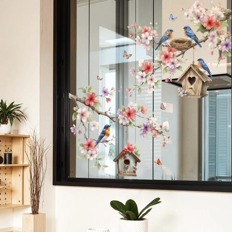 Blume Vogel Baum Zweig Fensteraufkleber PVC Statische Haftung Selbstklebend Aquarell Floral Wandtattoo Für Glas Bad Deko