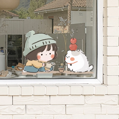 Cute Cartoon Girl Watering Flower PVC Wall Stickers Healing Style Cat Pattern Waterproof Decorative Window Sticker For Glass Decor