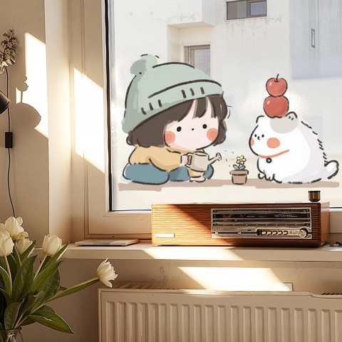 Cute Cartoon Girl Watering Flower PVC Wall Stickers Healing Style Cat Pattern Waterproof Decorative Window Sticker For Glass Decor