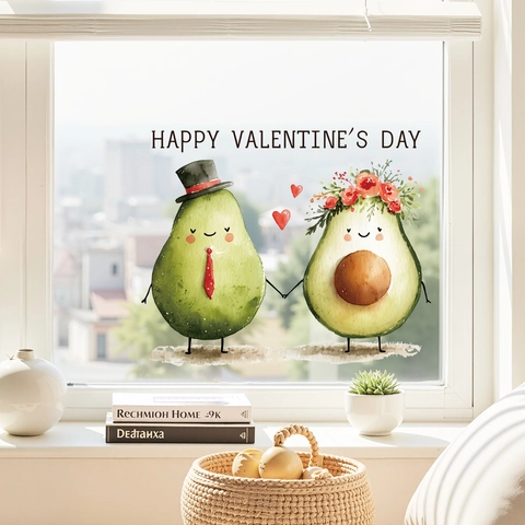 Valentine's Day Avocado Window Sticker PVC Removable Static Cling Decal Waterproof Watercolor Cartoon Heart Wall Sticker For Glass Mirror Home Decor