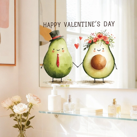 Valentine's Day Avocado Window Sticker PVC Removable Static Cling Decal Waterproof Watercolor Cartoon Heart Wall Sticker For Glass Mirror Home Decor