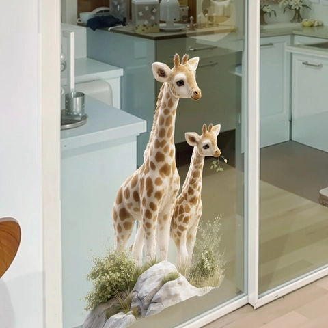 Giraffe Mutter Und Baby Fensteraufkleber Abnehmbar PVC Glasdekor UV Farbdruck Waldstil Dekorative Home Wandtattoo