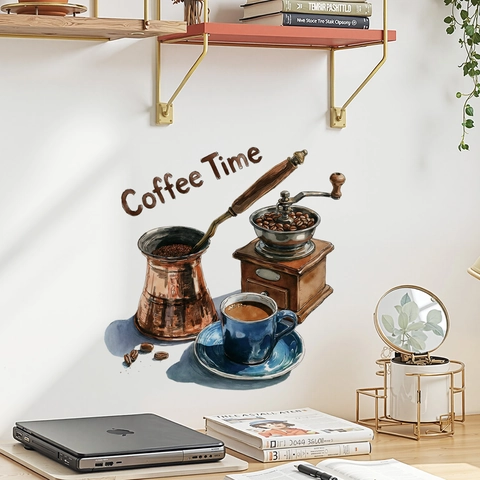 Adesivo da Parete Vintage Coffee Cup Time Acquerello Decalcomania in PVC Rimovibile per Cucina Sala da Pranzo Bar