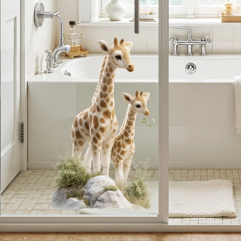 Giraffe Mutter Und Baby Fensteraufkleber Abnehmbar PVC Glasdekor UV Farbdruck Waldstil Dekorative Home Wandtattoo