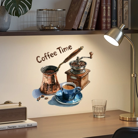 Adesivo da Parete Vintage Coffee Cup Time Acquerello Decalcomania in PVC Rimovibile per Cucina Sala da Pranzo Bar