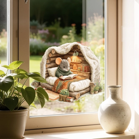 3D Muis Leest In Hut Venstersticker PVC Decoratieve Muursticker UV Gedrukt Gezellig Huis Ornament Voor Badkamer Woonkamer Glas