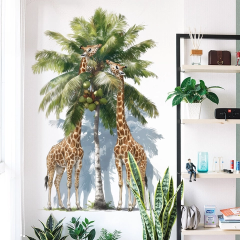 Adesivo da Parete Giraffa Palma PVC Removibile Grande Pianta Animali Decalcomania per Cameretta Soggiorno Camera da Letto