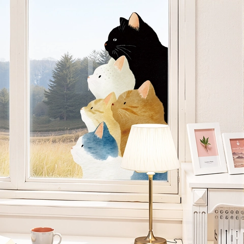 Cute Cartoon Cat Window Glass Stickers Removable PVC Animal Decals For Mirror Bathroom Home Decoration UV Printed Decorative Film