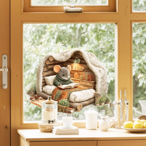 3D Muis Leest In Hut Venstersticker PVC Decoratieve Muursticker UV Gedrukt Gezellig Huis Ornament Voor Badkamer Woonkamer Glas