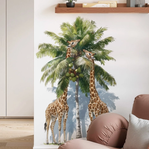 Adesivo da Parete Giraffa Palma PVC Removibile Grande Pianta Animali Decalcomania per Cameretta Soggiorno Camera da Letto