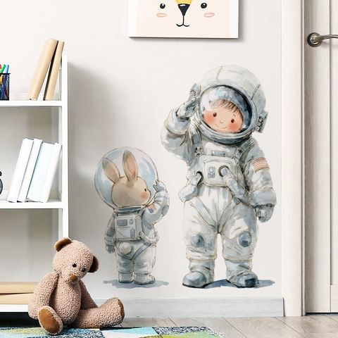 Sticker Mural Espace Astronaute et Lapin à l'Aquarelle pour Chambre d'Enfant en PVC Amovible Décalcomanies Murales de Dessin Animé