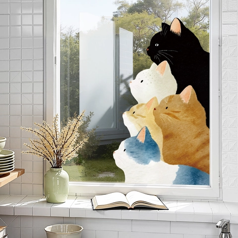 Cute Cartoon Cat Window Glass Stickers Removable PVC Animal Decals For Mirror Bathroom Home Decoration UV Printed Decorative Film