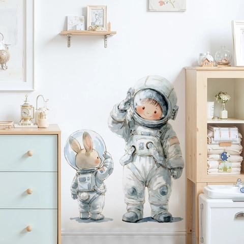 Sticker Mural Espace Astronaute et Lapin à l'Aquarelle pour Chambre d'Enfant en PVC Amovible Décalcomanies Murales de Dessin Animé