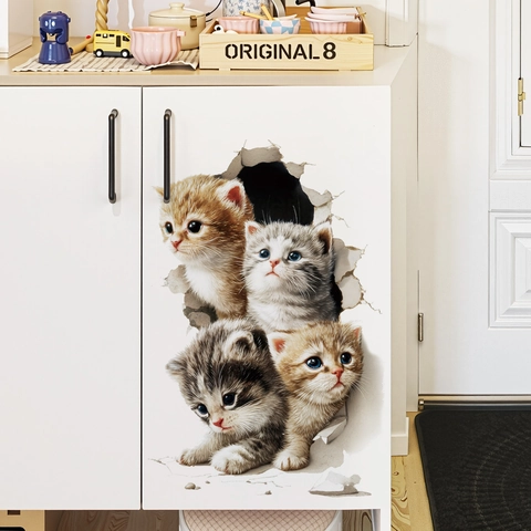 3D Visual Effect Cat Wall Stickers Cute Cracked Wall Kittens Removable PVC Waterproof Stickers For Living Room Bedroom Decor