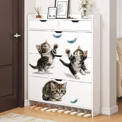 Cute Cat And Blue Feathers Wall Stickers PVC Removable Waterproof DIY Animal Home Decor Mural Decals For Kids Bedroom Nursery