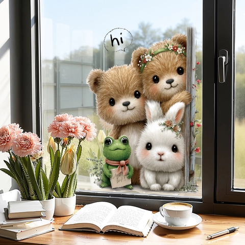 Cute Plush Effect Bear Rabbit Frog Window Decal Cartoon Animal Removable PVC Glass Mirror Stickers for Home Kids Room