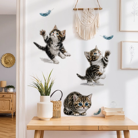Cute Cat And Blue Feathers Wall Stickers PVC Removable Waterproof DIY Animal Home Decor Mural Decals For Kids Bedroom Nursery