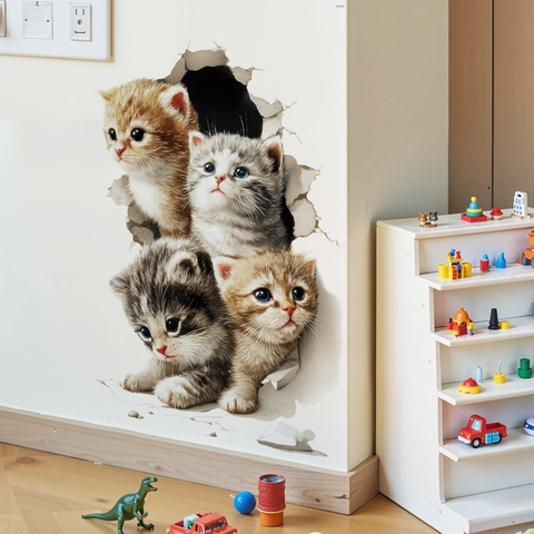 3D Visual Effect Cat Wall Stickers Cute Cracked Wall Kittens Removable PVC Waterproof Stickers For Living Room Bedroom Decor