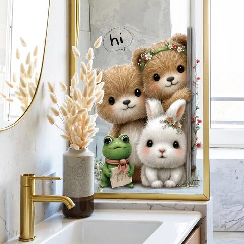 Cute Plush Effect Bear Rabbit Frog Window Decal Cartoon Animal Removable PVC Glass Mirror Stickers for Home Kids Room