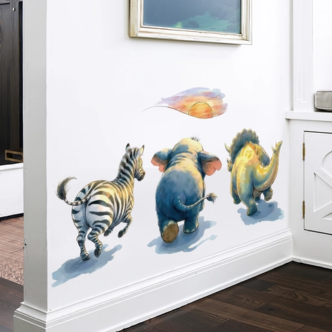 African Animal Wall Stickers Zebra Elephant Triceratops Silhouette Watercolor Hand-painted PVC Removable Decals Kids Room Decor
