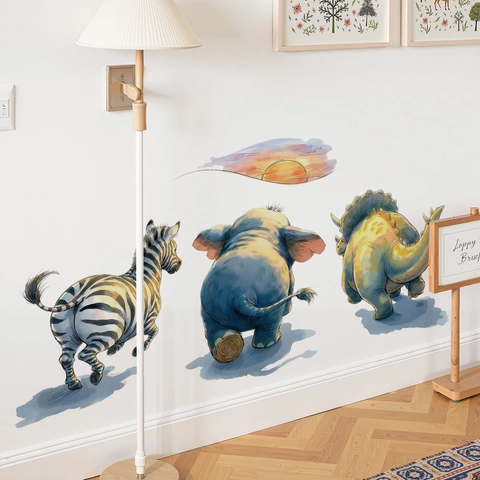 African Animal Wall Stickers Zebra Elephant Triceratops Silhouette Watercolor Hand-painted PVC Removable Decals Kids Room Decor