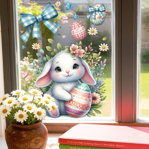 Easter Bunny Wall Decals Happy Easter Eggs Flower Butterfly PVC Removable Window Stickers For Glass Festive Home Decoration