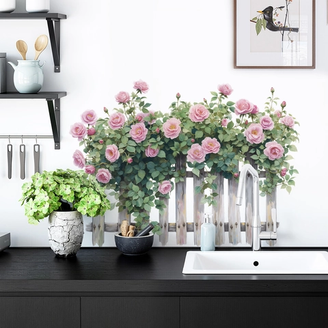 Pastoral Pink Rose Flower Wooden Fence Wall Sticker Removable PVC Waterproof Home Decor For Living Room Bedroom Kitchen Wall Decal