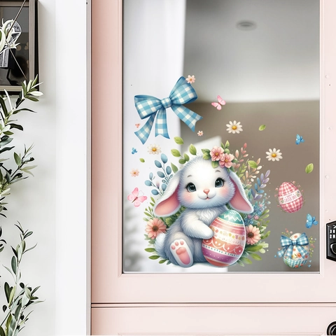Easter Bunny Wall Decals Happy Easter Eggs Flower Butterfly PVC Removable Window Stickers For Glass Festive Home Decoration