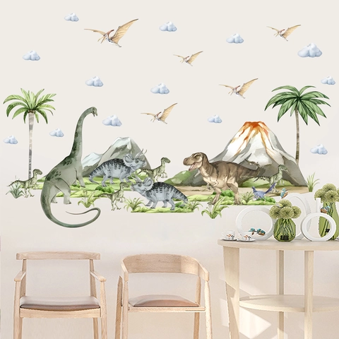 Watercolour Dinosaur Wall Stickers Set For Kids Room Removable PVC Forest Animals Jurassic World Nursery Wall Decor Decal