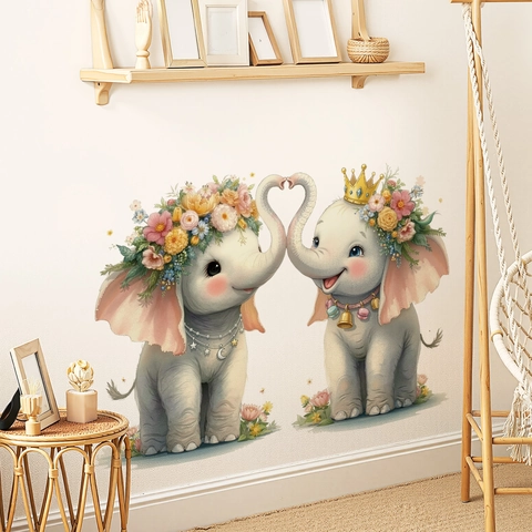 Cartoon Olifant Krans Kroon Muurstickers PVC Waterdicht Verwijderbare Dieren Stickers Voor Kinderkamer Home Wall Decor