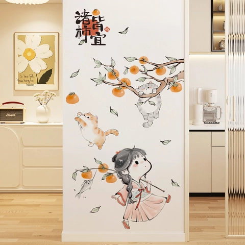 Chinesischer Stil Wandaufkleber Abnehmbare PVC Aufkleber Glücklich Persimone Mädchen Und Katze Muster Für Wohnzimmer Schlafzimmer Home Dekoration