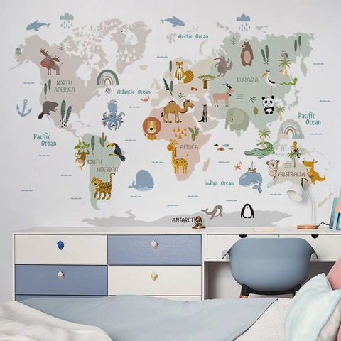 Cartoon Animal World Map Wall Stickers Educational Removable PVC Decals For Kids Room Bedroom Nursery Home Decoration