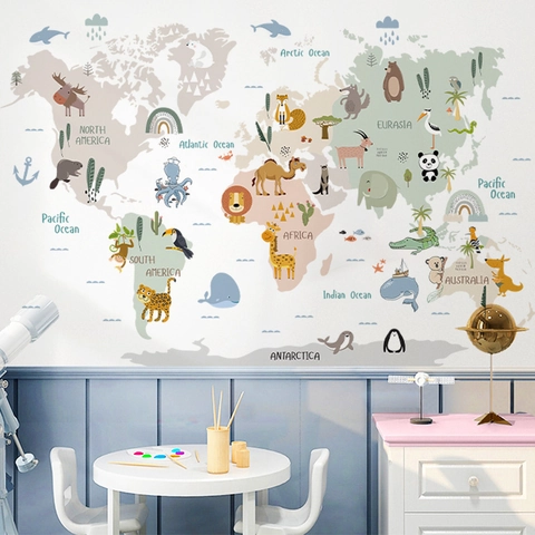 Cartoon Animal World Map Wall Stickers Educational Removable PVC Decals For Kids Room Bedroom Nursery Home Decoration