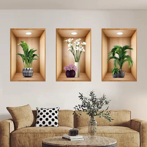 3D Realistische Grünpflanze Vase Wandaufkleber Wasserdicht PVC Abnehmbar Blumentopf Wandtattoo Für Wohnzimmer Schlafzimmer Dekor