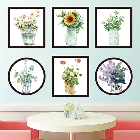 Nordisch Aquarell Botanische Blume Wandaufkleber 6er Set Selbstklebende PVC Dekore Für Wohnzimmer Schlafzimmer Home Decor Kunst