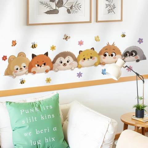 Adesivi Murali Animali della Foresta per Bambini Impermeabile PVC Stickers Murali Volpe Riccio Procione Orso Decoro