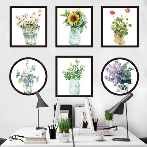 Nordisch Aquarell Botanische Blume Wandaufkleber 6er Set Selbstklebende PVC Dekore Für Wohnzimmer Schlafzimmer Home Decor Kunst