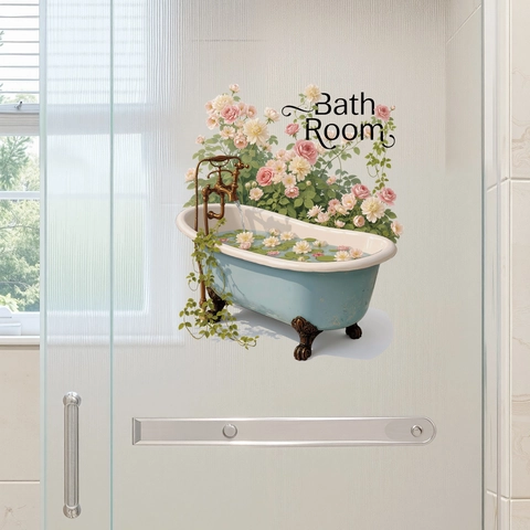 Floral Bathtub Bathroom Wall Sticker PVC Waterproof Window Decal Vintage Flower Mirror Sticker Self Adhesive Static Cling