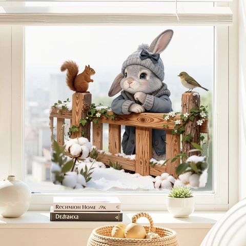Winter Hase Fensteraufkleber Statisch Haftend Tier Zaun Muster 3D Visueller Effekt Entfernbar PVC Dekoration Für Glas