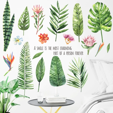 Adesivi Murali Foglie Verdi Tropicali Acquerello Piante Fiori Decalcomanie da Parete per Soggiorno Camera da Letto PVC Autoadesivo Decorazione Casa