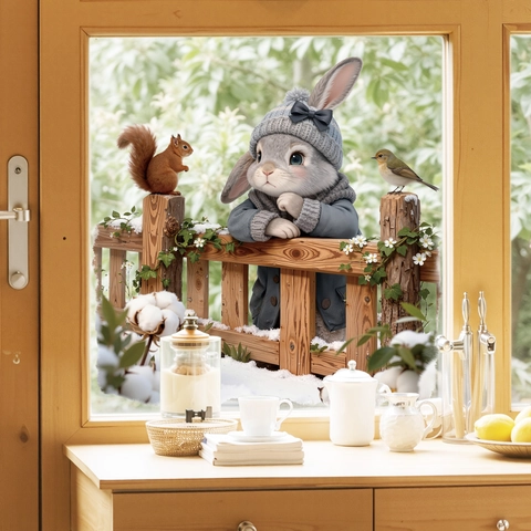 Winter Hase Fensteraufkleber Statisch Haftend Tier Zaun Muster 3D Visueller Effekt Entfernbar PVC Dekoration Für Glas